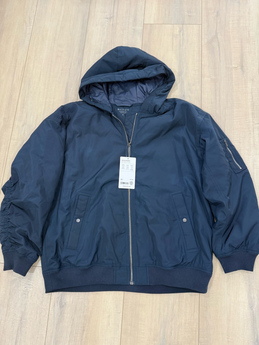 Athleta Navy Hooded Blouson Upfield  Bomber Jacket